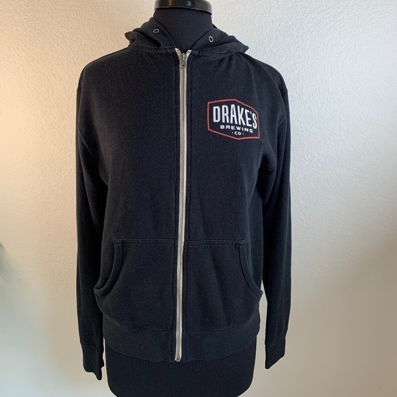𝅺DRAKE'S Brewing Co. Denogginizer Zip Up Black Hooded Sweatshirt No Size Listed - Picture 1 of 11